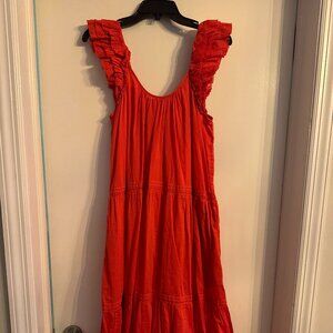 The GREAT. Dove Maxi Dress Ruffle Sleeveless Cotton Maxi Dress Red- SMALL